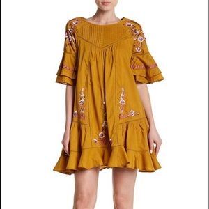 Free People Voile Embroidered Mustard Colored Dress
